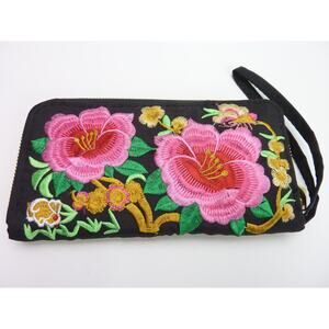 Embroidered Floral Boho Clutch Purse Wallet Wristlet Chrysanthemum Lotus